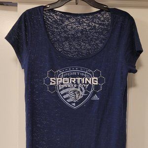WMNS ADIDAS SPORTING KC MLS SOCCER KANSAS CITY BURNOUT SCOOP NECK T SHIRT BLING